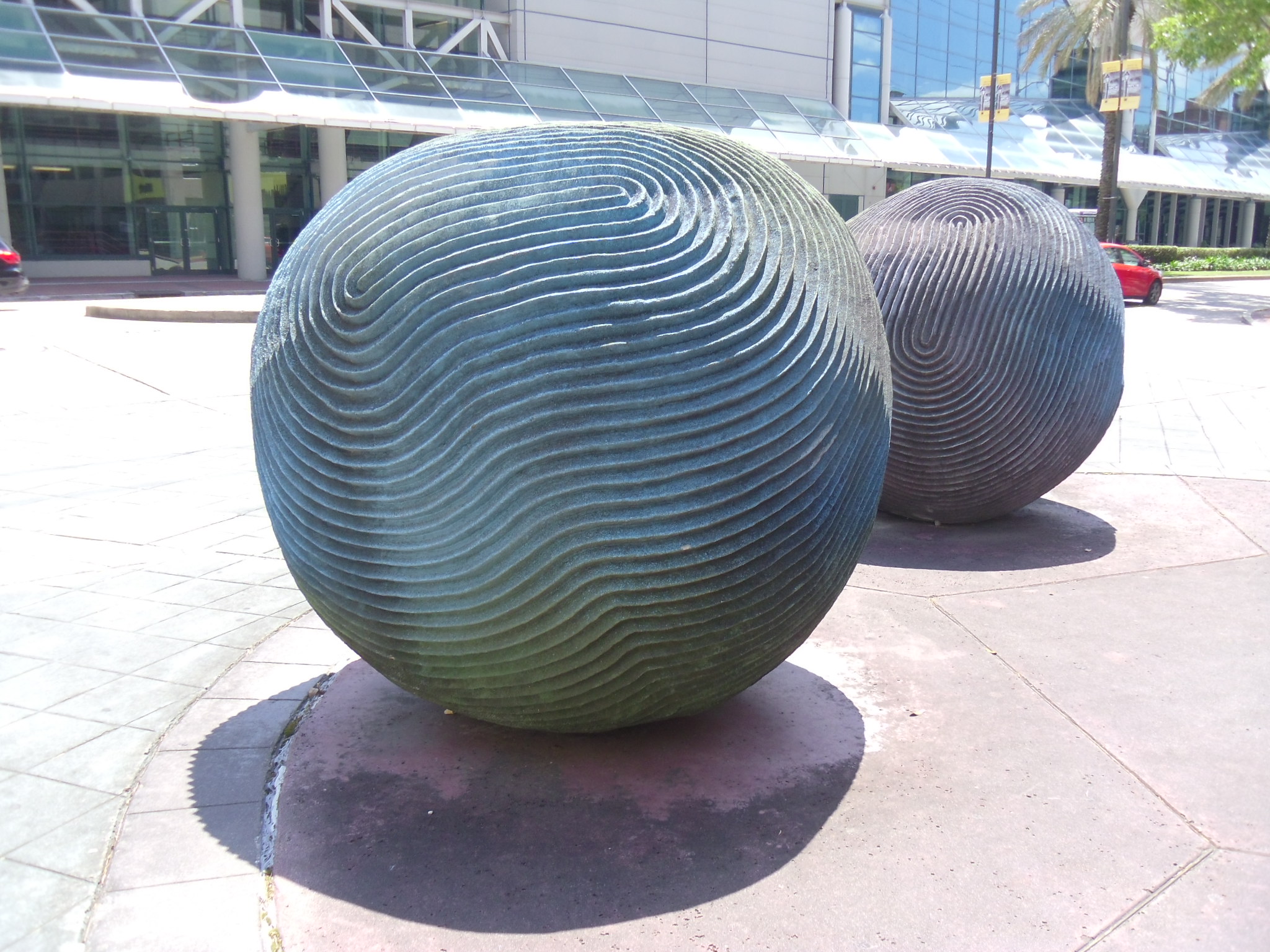 close-up of two of the pieces in the River Stones sculpture near New Orleans convention center