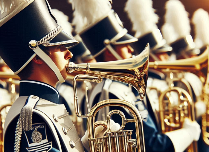 horn players in a marching band in uniform