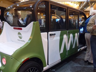 Autonomous Vehicles Now Being Developed Are Smaller Than Most Other Vehicles on the Road Now May Mobility driverless car seen in exhibit hall