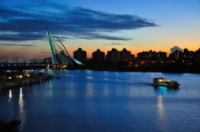 beautiful suburban lake scene at dusk