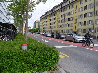 bicycle, bus, and automobile lanes clearly marked on street