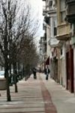 winter downtown scene with a couple of pedestrians and consistent street trees winter downtown scene with a couple of pedestrians and consistent street trees