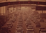 1940s photo of polluted traffic jam on a bridge