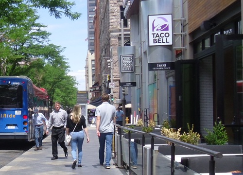 Taco Bell sign projecting from building in Denver Taco Bell sign projecting from building in Denver