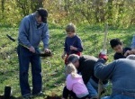 adult leader with children planting trees