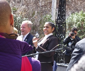 Brooklyn councilwoman with microphone at outdoor rally Brooklyn councilwoman with microphone at outdoor rally